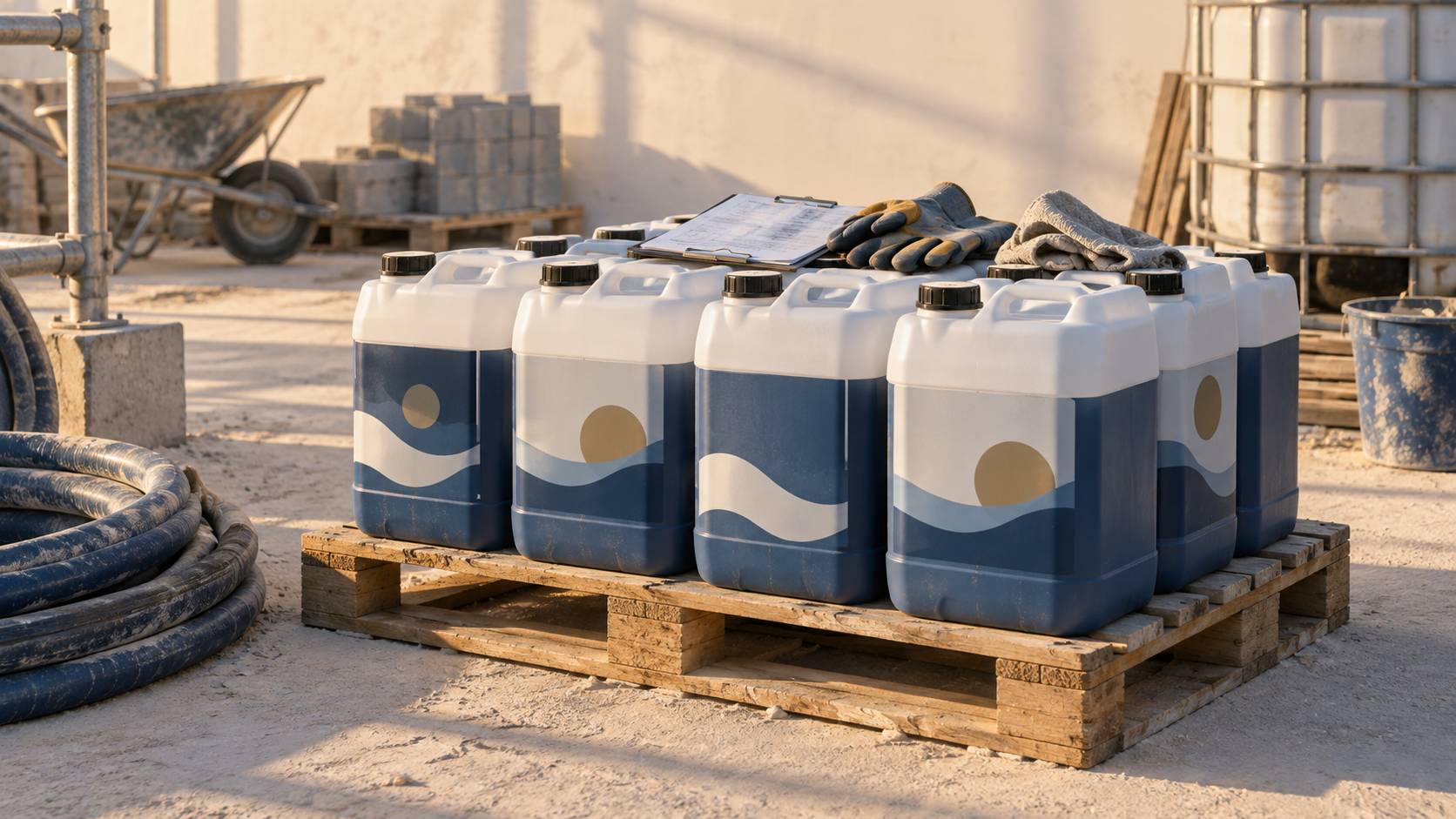 Détail de bidons de traitement d'eau avec un bon de livraison