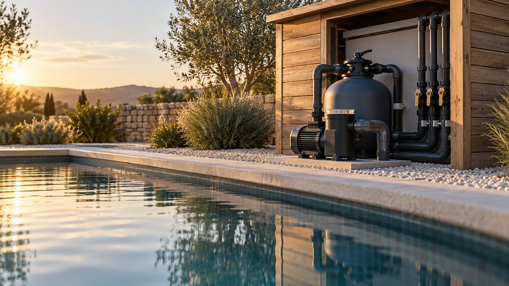 Pompe de filtration près d'une piscine en bois