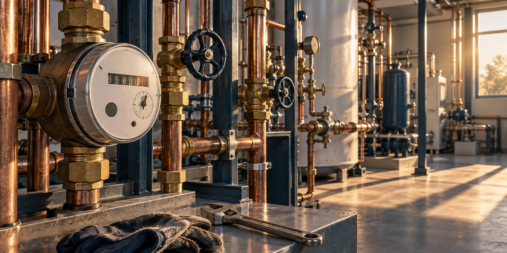 Détail de vannes, tuyauteries et compteur d'énergie