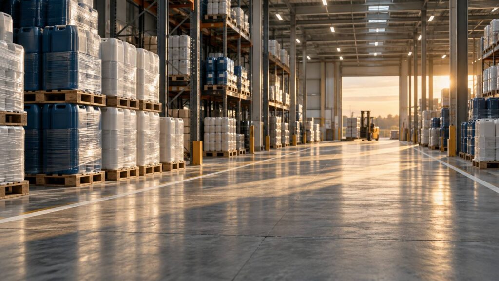 Entrepôt logistique avec palettes de bidons d'entretien de piscine