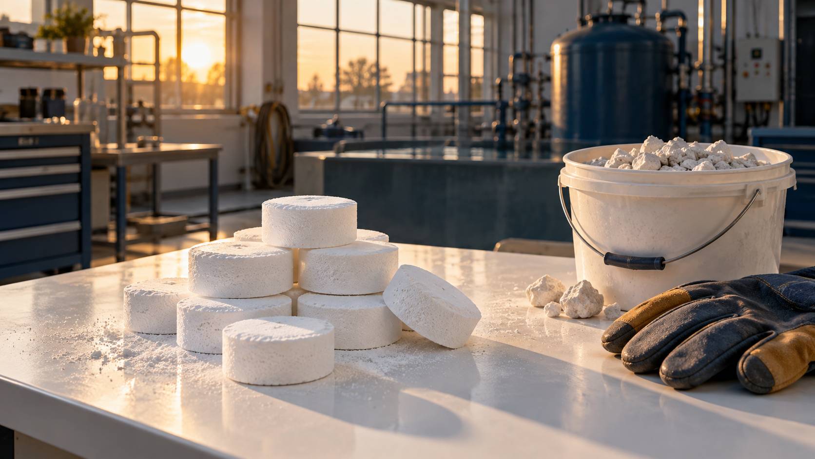 Gros plan sur des pastilles et galets blancs de traitement d'eau de piscine