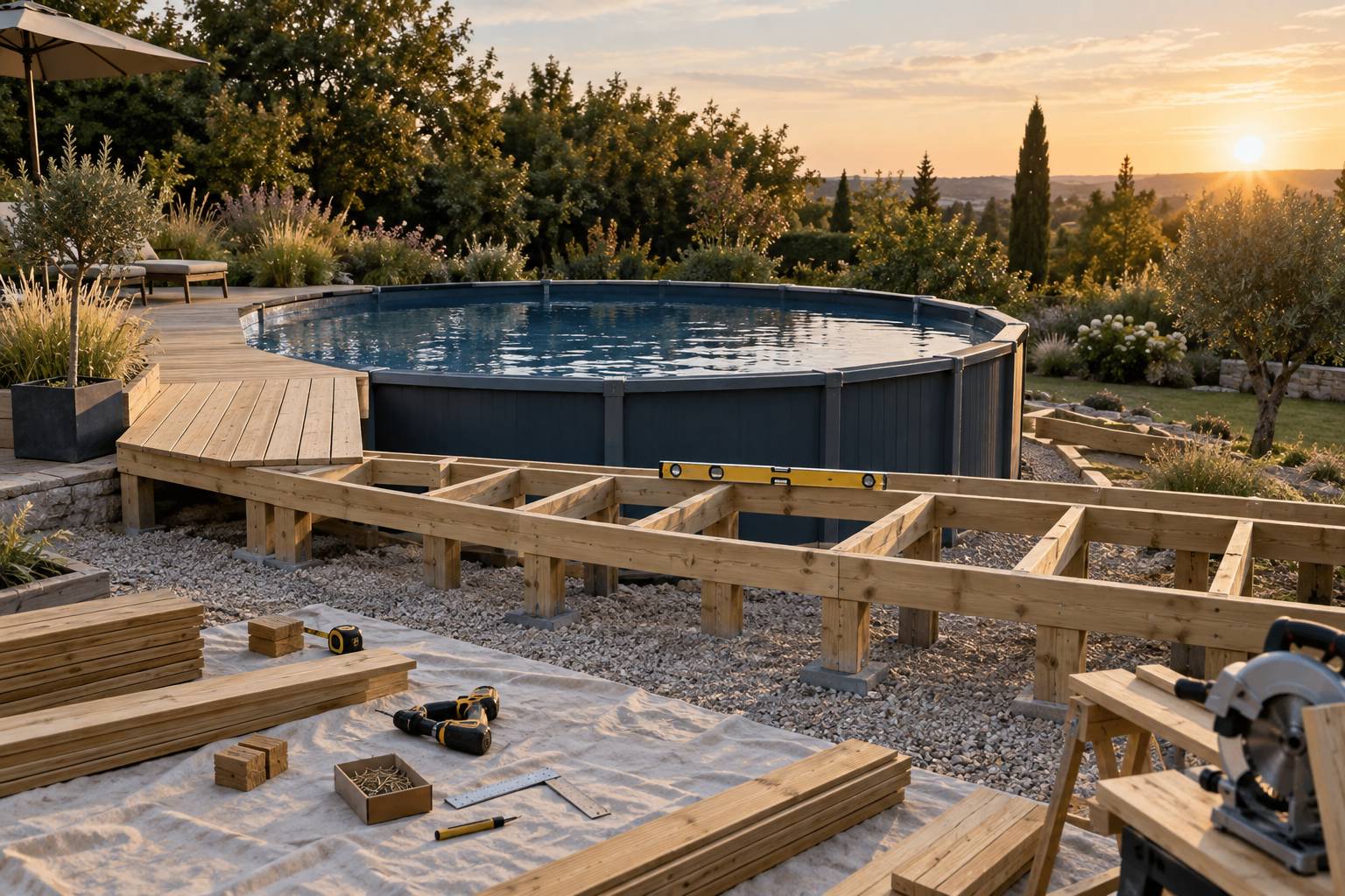 Vue large sur le chantier de montage d'une piscine hors sol : platelage en bois en cours d'assemblage, niveau 