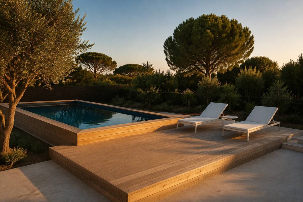 Piscine aux parois de bois dans un jardin en fin de journée