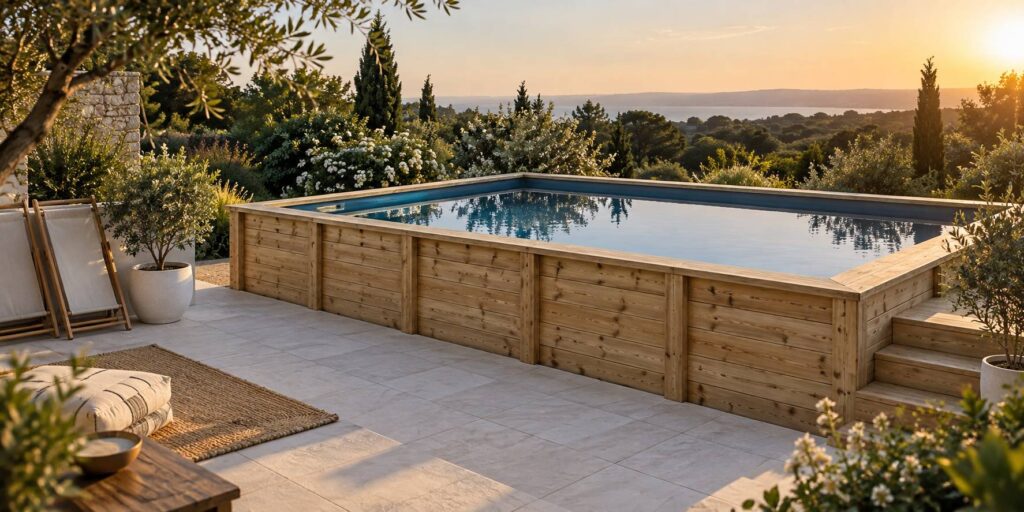 Piscine en bois sur une terrasse avec jardin en arrière-plan