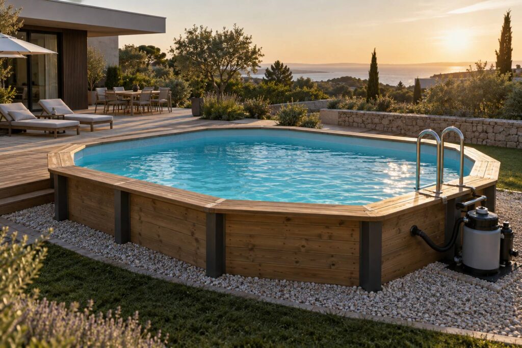 Vue large d'une piscine hors sol à structure bois dans un jardin : plage en bois périphérique, eau turquoise,