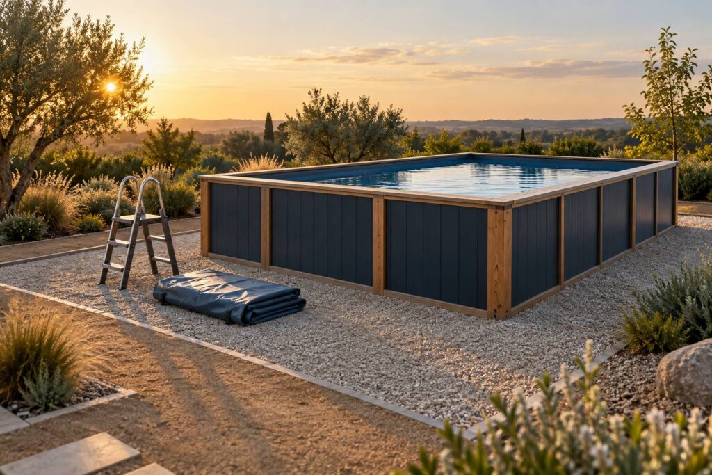 Bassin de piscine hors sol bois et acier dans un jardin en fin de journée