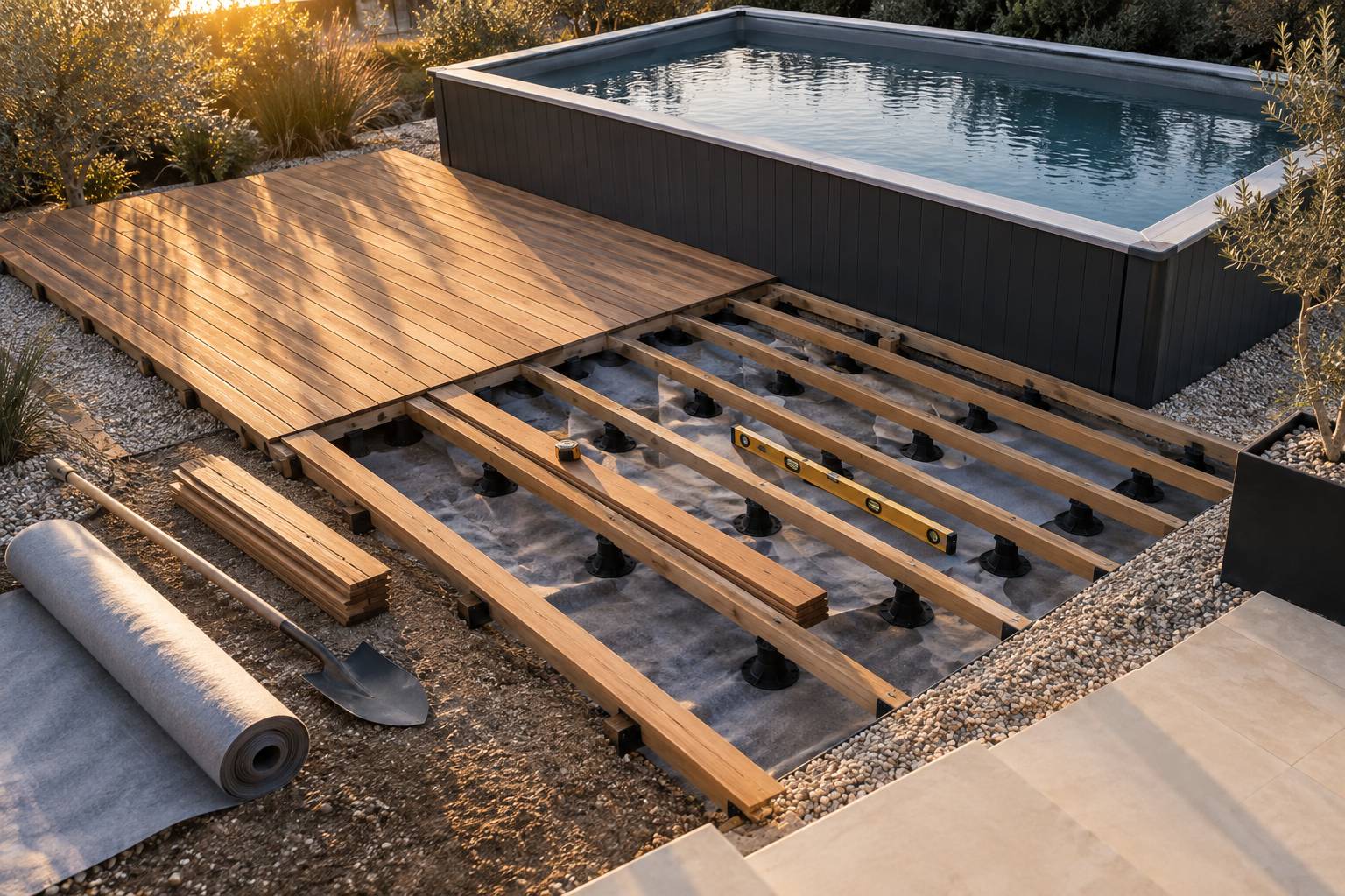 Terrasse en bois en cours d'installation devant un bassin hors sol