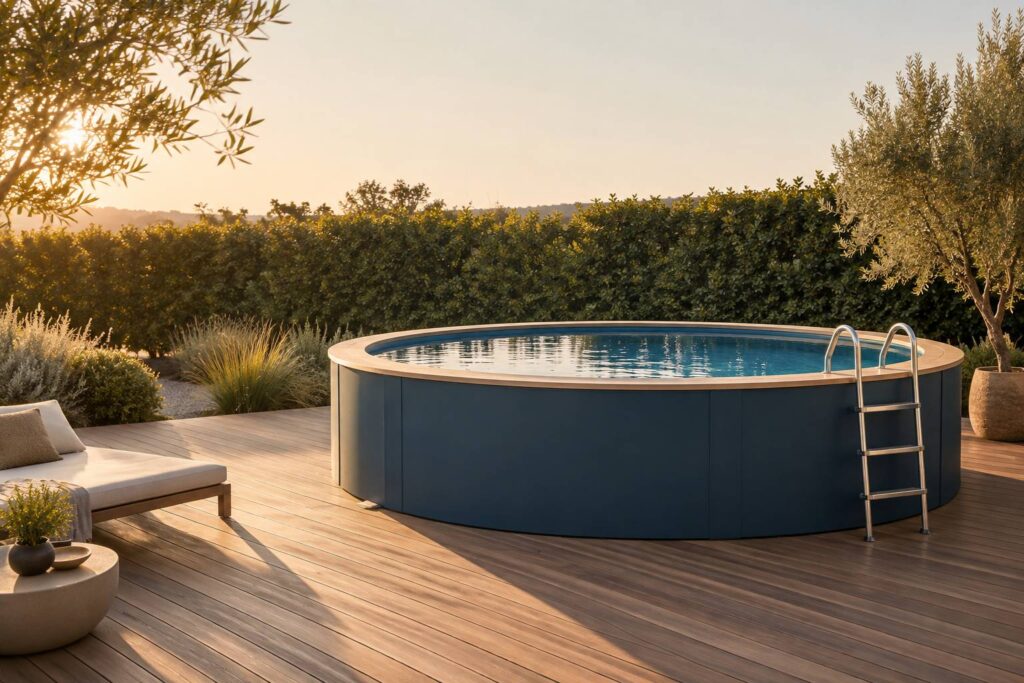 Piscine hors sol en résine bleu ardoise avec margelle en bois dans un jardin