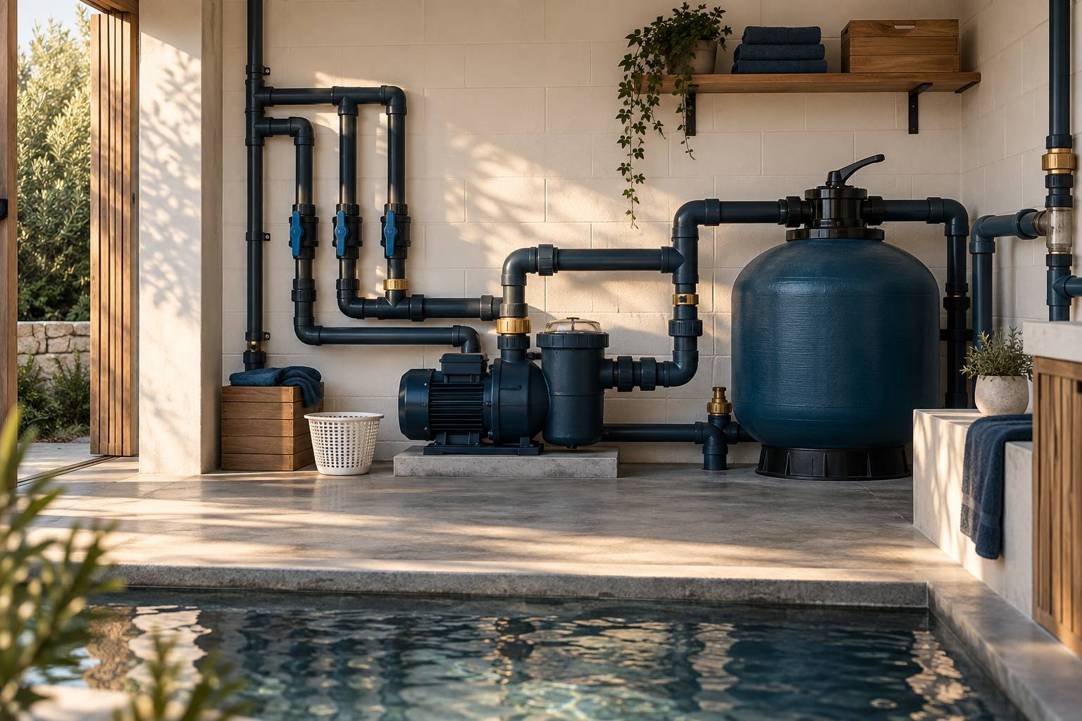 Local technique de piscine propre avec pompe, vannes et skimmer