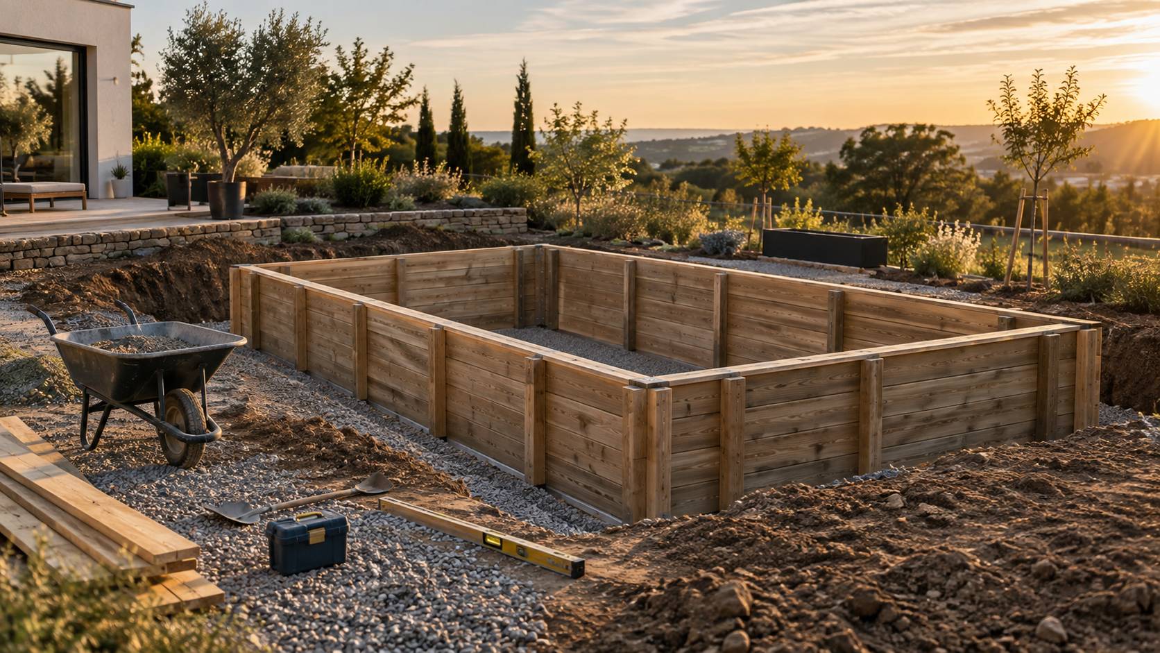 Piscine a structure bois sur terrasse avec margelle claire et eau turquoise