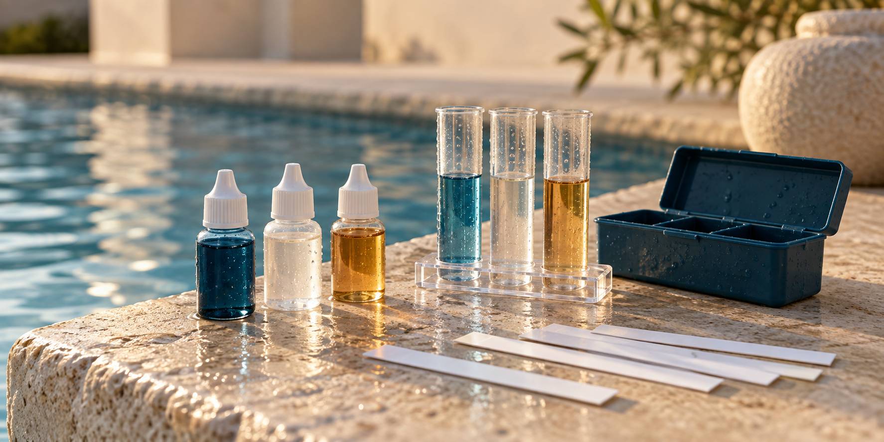 Kit d'analyse d'eau de piscine avec flacons et bandelettes sur une margelle