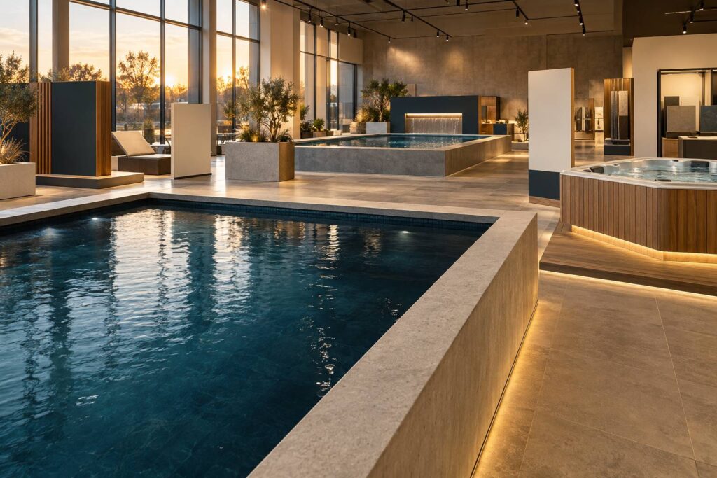 Showroom lumineux avec bassins de piscine et spas d'exposition