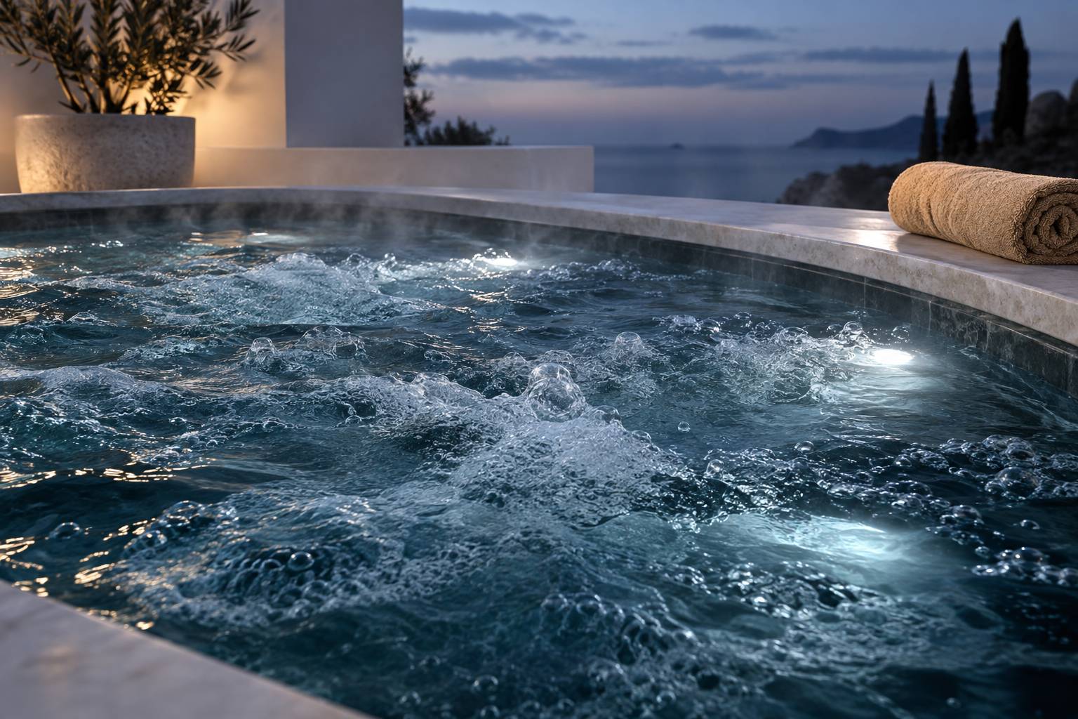Gros plan sur l'eau d'un spa avec jets actifs, vapeur et margelle en pierre