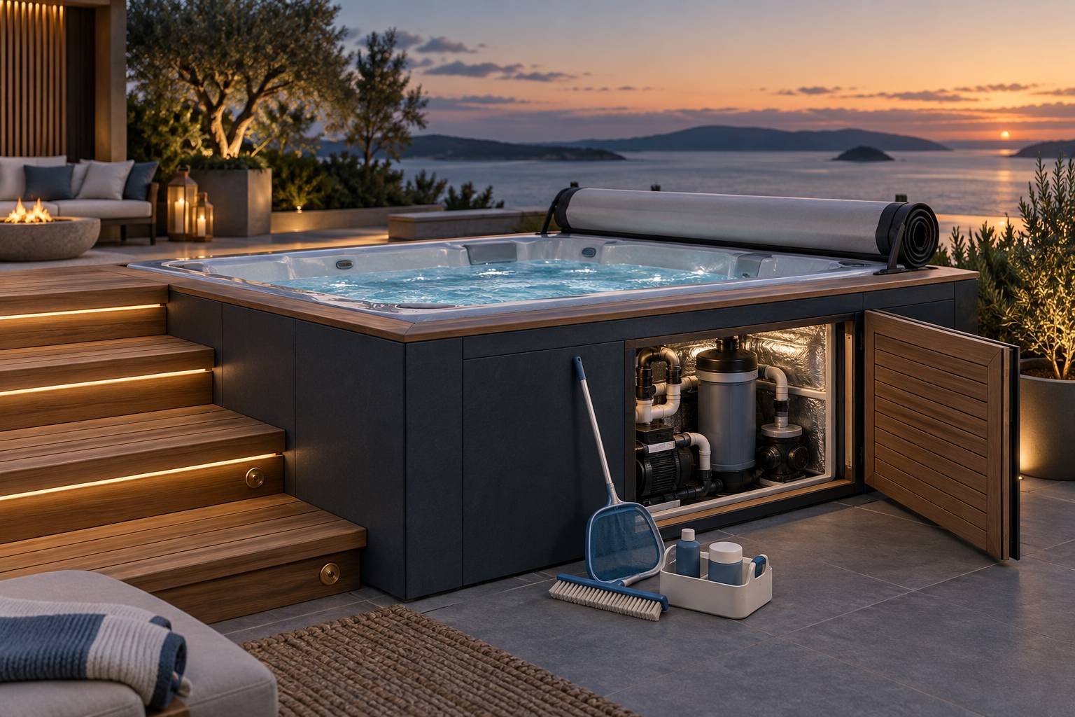 Escalier en teck et couverture de spa avec accès technique