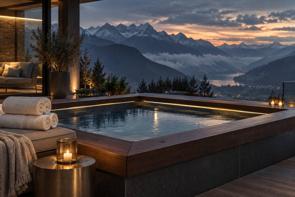 Spa haut de gamme en terrasse avec montagnes au crépuscule