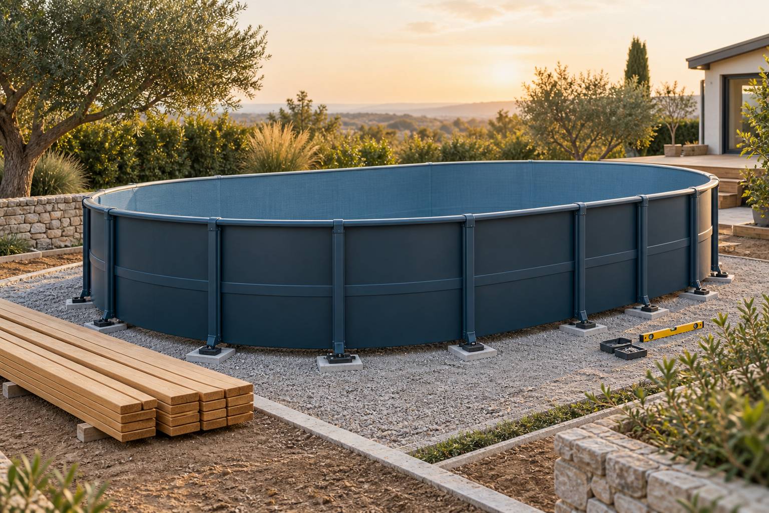 Structure ovale en résine de piscine hors sol en cours d'assemblage
