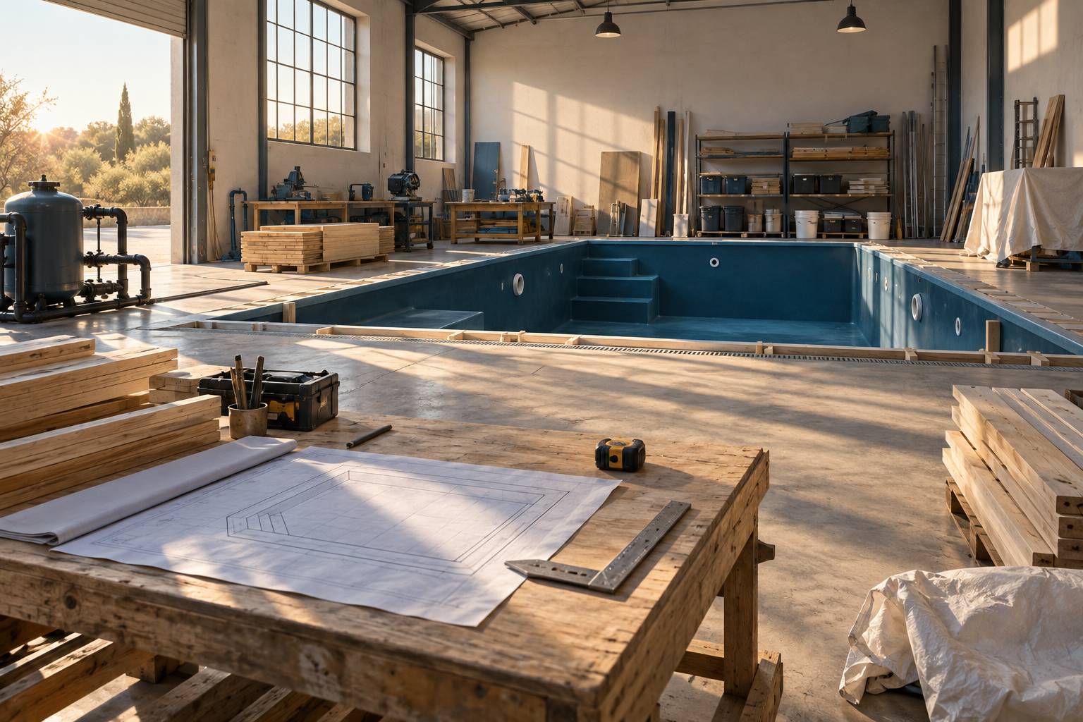 Piscine à fond mobile en finition avec terrasse en bois et jardin arboré