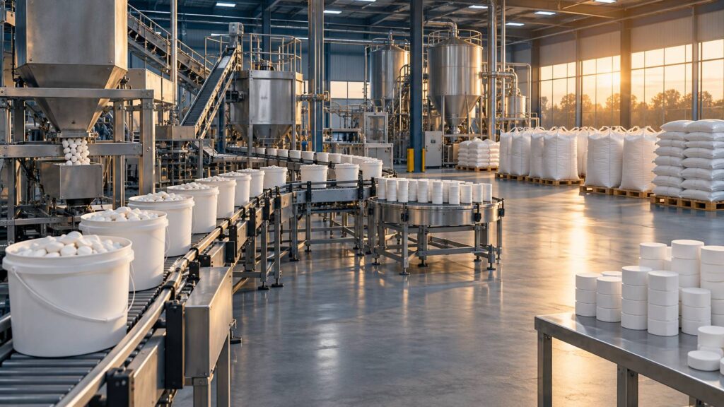 Ligne de production industrielle de galets et pastilles de traitement pour piscine