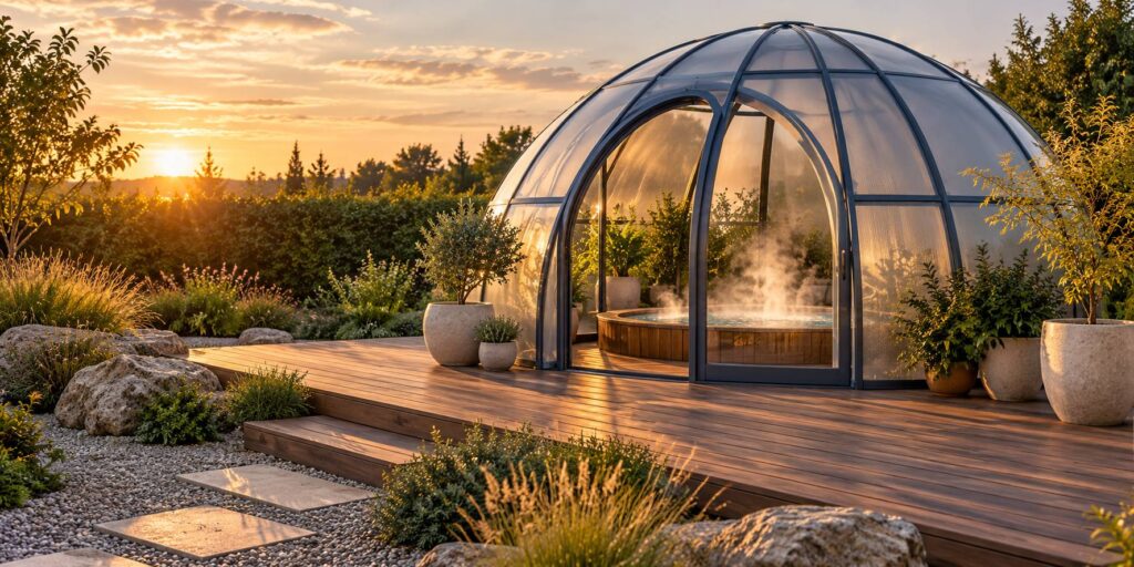 Abri en dôme translucide avec bassin fumant et terrasse en bois au jardin