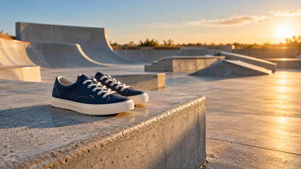 Paire de baskets en toile posee sur un banc de skatepark en beton
