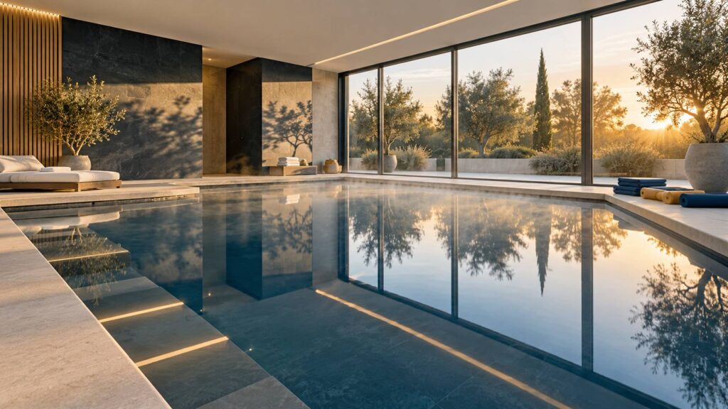 Bassin intérieur chauffé avec tapis flottants et baies vitrées sur un jardin
