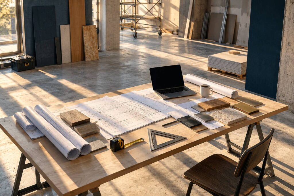 Bureau d'études avec plans techniques roulés, équerre et échantillons de matériaux