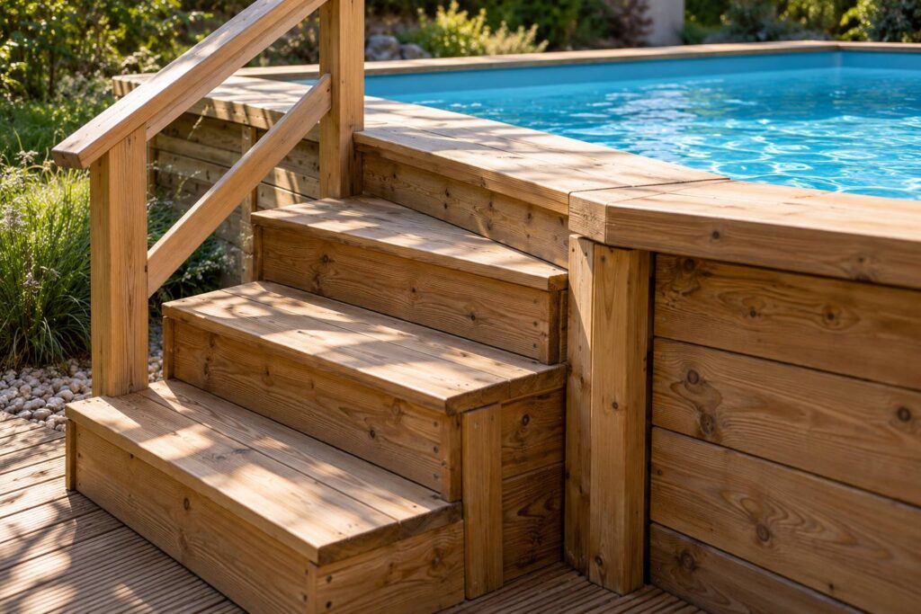 Illustration de détail sur le sujet : Les piscines en bois se dotent enfin de leur escalier sur mesure !