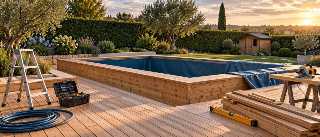 Piscine en bois en cours de finition avec margelles et terrasse dans un jardin