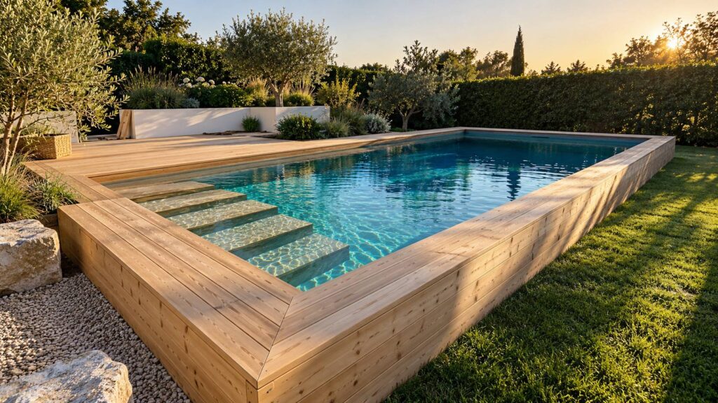 Piscine en bois clair avec escalier sur mesure dans un jardin paysager