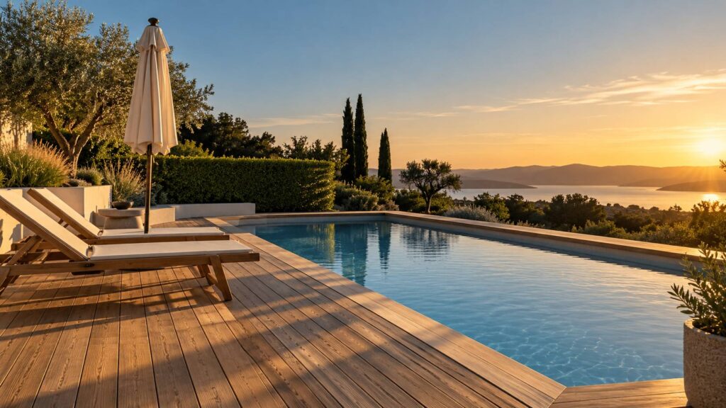 Piscine à structure bois avec terrasse et margelle en bois exotique