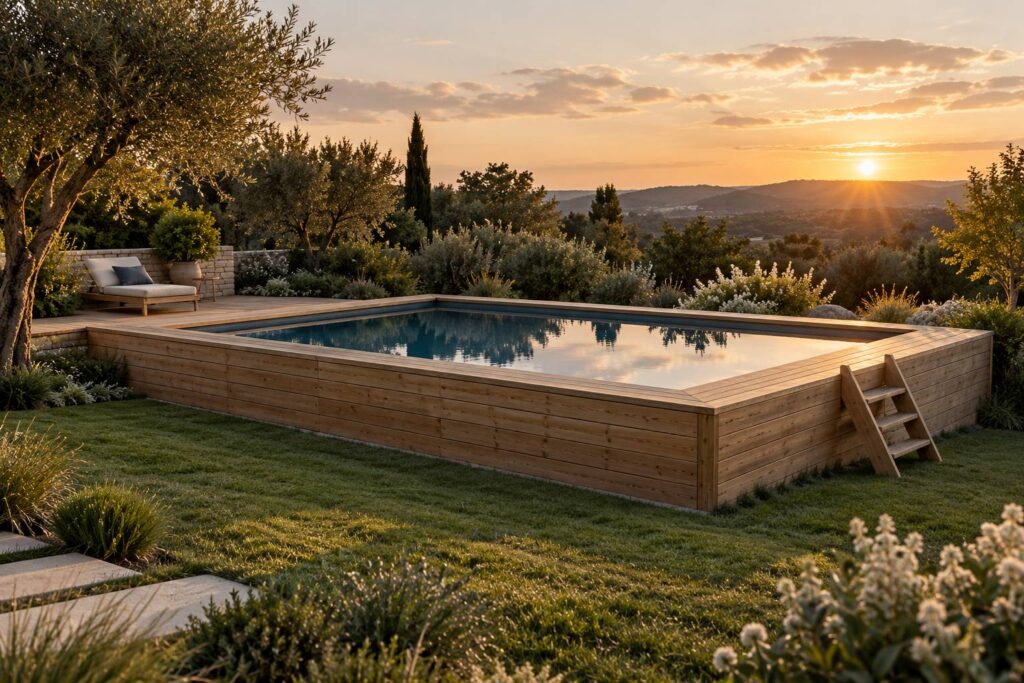 Piscine en bois entouree de pelouse dans un jardin ensoleille