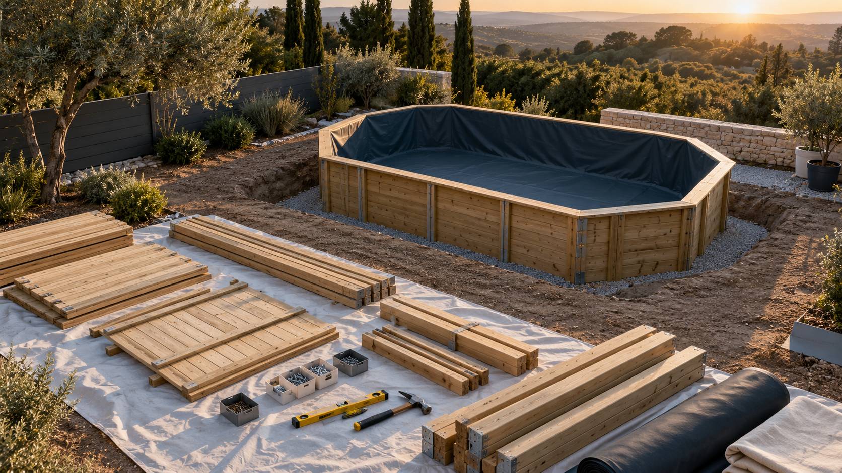 Panneaux de bois et outillage poses sur un terrain pour une piscine