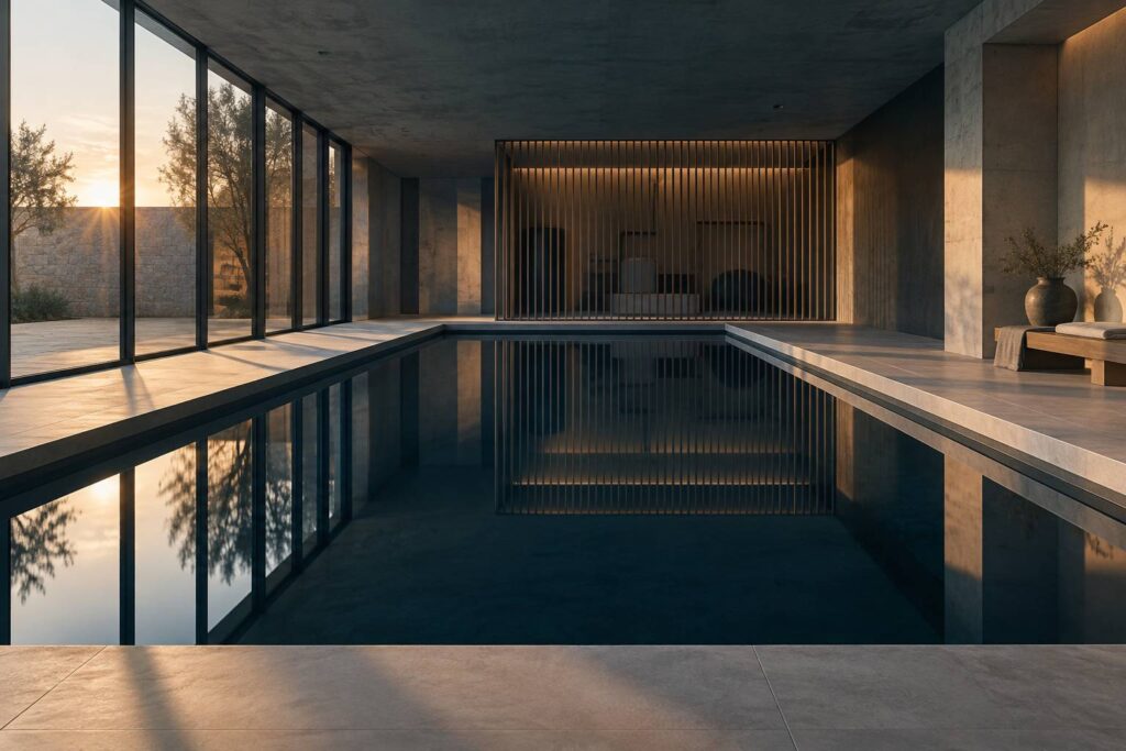 Piscine intérieure rectangulaire avec margelles claires et grandes baies vitrées