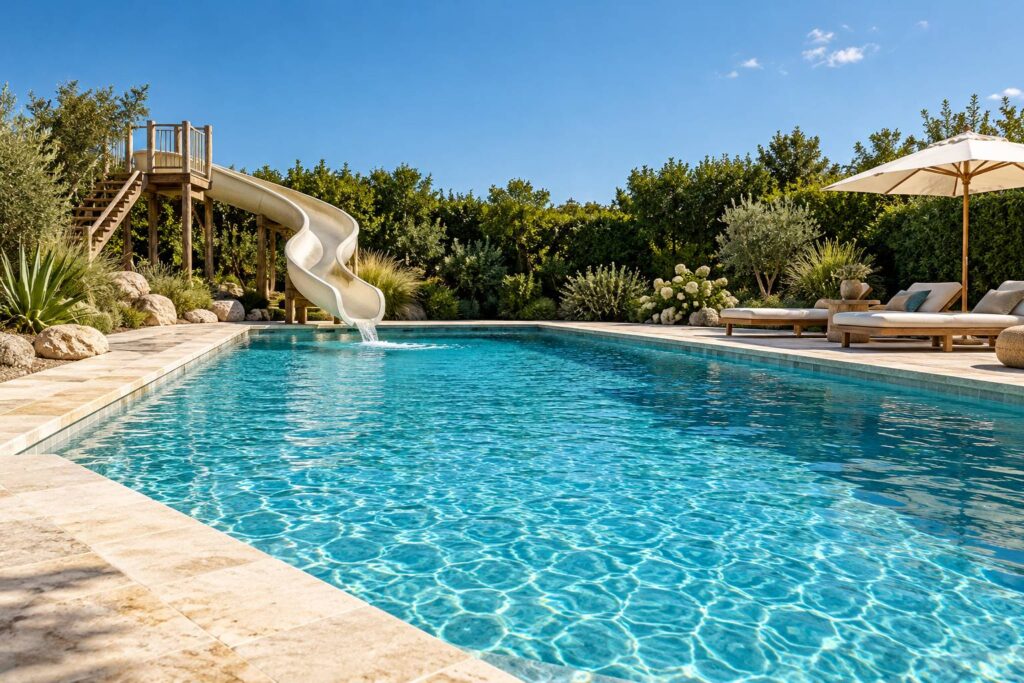 Piscine extérieure avec toboggan incurvé en polyester et bassin turquoise ridé par le vent