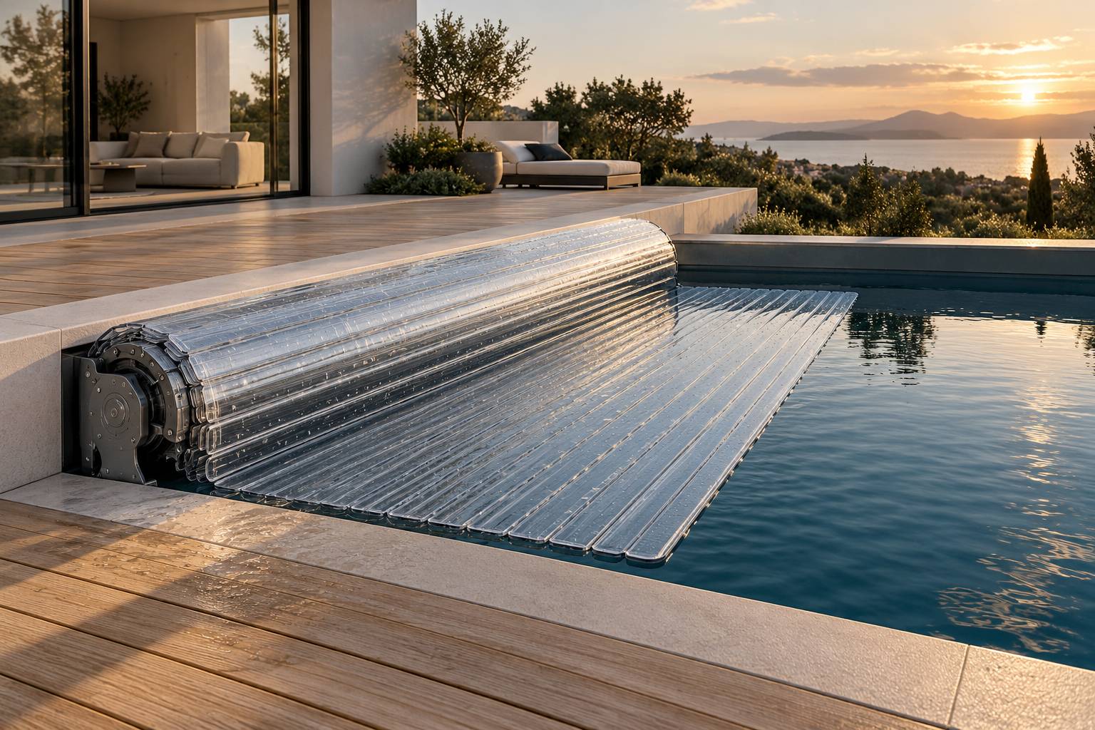 Lames de volet roulant de piscine en polycarbonate partiellement enroulees